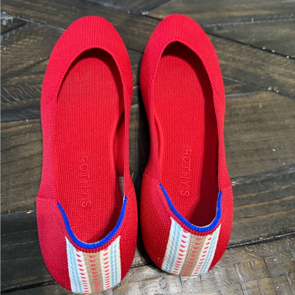 Rothy's Vibrant Red Flats with Blue Accents